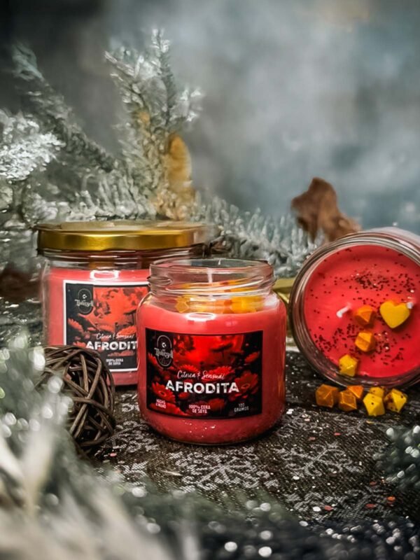 Vela Afrodita de 180g, fragancia floral y sensual, elaborada artesanalmente con cera de soya, Be Yoursell.