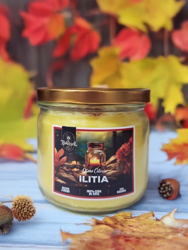 Vela Ilitia de 180g, aroma fresco a frutas amarillas, energizante y alegre, 100% cera de soya, Be Yoursell.