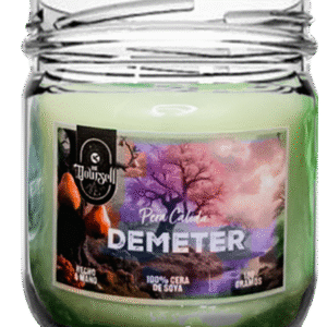 Vela Demeter de 180g, fragancia otoñal con pera, manzana y canela, artesanal en cera de soya.