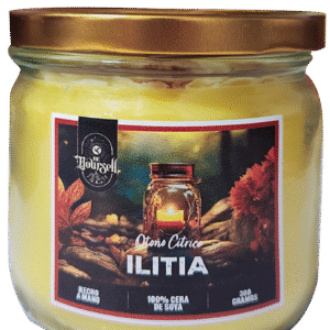 Vela Ilitia de 180g, aroma fresco a frutas amarillas, energizante y alegre, 100% cera de soya, Be Yoursell.