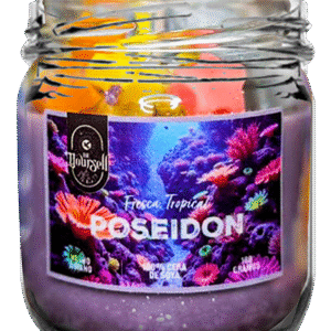 Vela tropical Poseidón de 180g con aroma a maracuyá fresca, hecha con cera de soya, Be Yoursell.